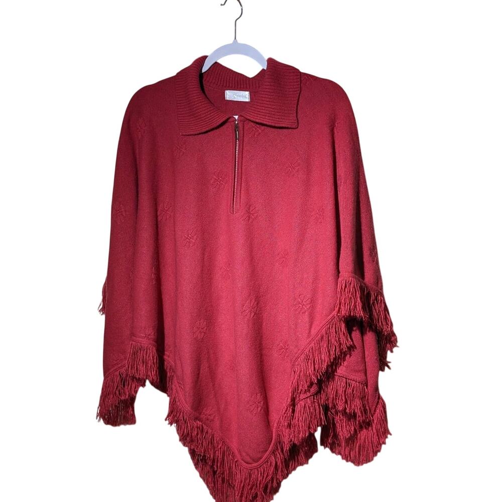 Alexia Brick Quarter Zip Ribbed Collar Fringe Knit Poncho One Size Fits M-L